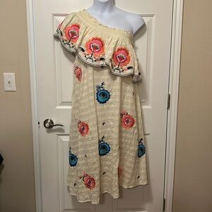 NWT Anthropologie One-Shouldered Dress, Embroidered flowers, size 1X